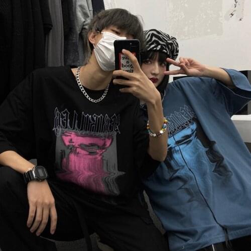 Hip-Hop Double Shadow Pattern Couple Clothes Fairy Grunge Harajuku Kpop Oversize t-Shirts Korean Fashion Emo Grunge Womans Top