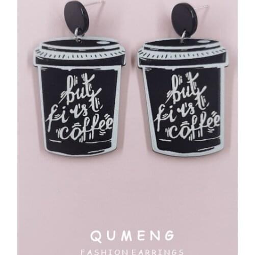 QUMENG 2021 Creative Funny Black Coffee Cup Acrylic Printing Pendant Earrings Fashion Urban Young Women Statement Jewelry