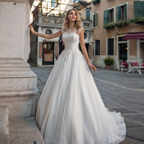 Luxury O-Neck Wedding Dresses A-Line Custom Made appliques Illusion Tulle Vestido De Noiva Bridal Gowns