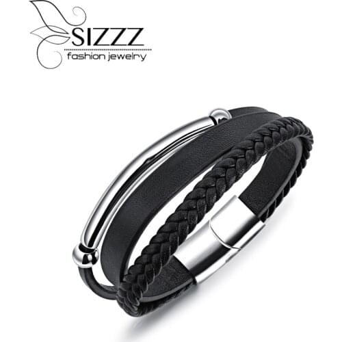 SIZZZ 2017 Fashion Trendy Simple Magnetic Plug Button Stainless Steel Leather Bracelet&Bangles For Men