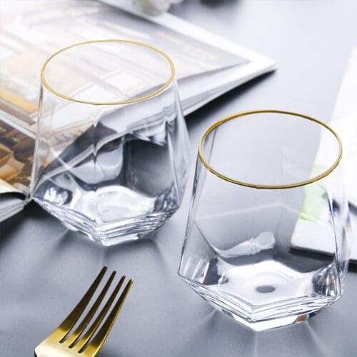 Diamond Whiskey Glass Diamond Crystal Glass Cup Golden Rim Transparent Coffee Milk Tea Mug Home Bar Drinkware Couple Gifts