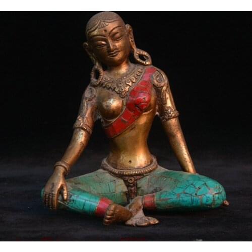 Tibet Bronze Inlay Turquoise Goddess Guan Yin Goddess Buddhisattva Statue 6 inch