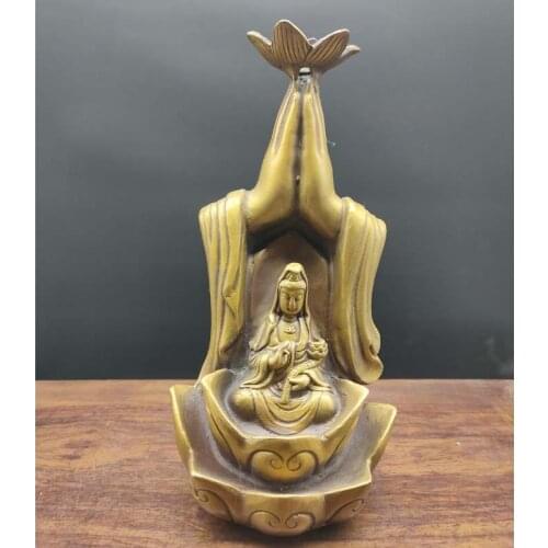 Tibet Buddhism Copper Statue Antique brass Guanyin bodhisattva hand Lotus Bergamot backflow Incense burner ornaments