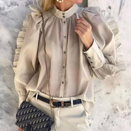 2020 Work Wear Women Blouses Long Sleeve Back Metal Buttons Shirt Casual Stand Ruffle Plus Size Tops Fall Blouse Drop Shipping