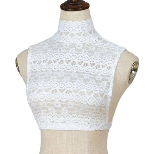 Women Mock Neck Fake Collar Striped Floral Lace Detachable Half Shirt Crop Top