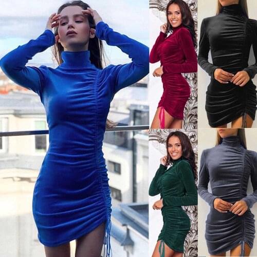 Winter Turtleneck Warm Mini Party Dress Autumn Long Puff Sleeve Elegant Bandage Lace Up Shirring Velvet Dress For Women WDC8435