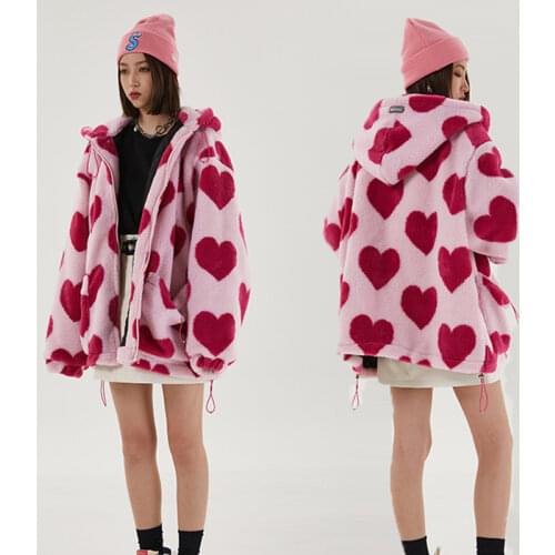 2020 Winter Harajuku Women Coat Love Print Jacket For Women Hip Hop Thick Parka Lambswool Jackets Men Women Streetwear Outwear