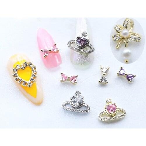 10pcs Exquisite Alloy Zircon Nail Art Decoration Colorful Love Zircon Nail Diamond Bowknot Pearl Pendant Crown Planet Manicure