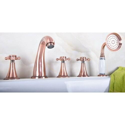 Antique Red Copper Brass Widespread 5 Hole Bathroom Roman Tub Bath Faucet with Telephone Style Hand Held Shower Head atf200