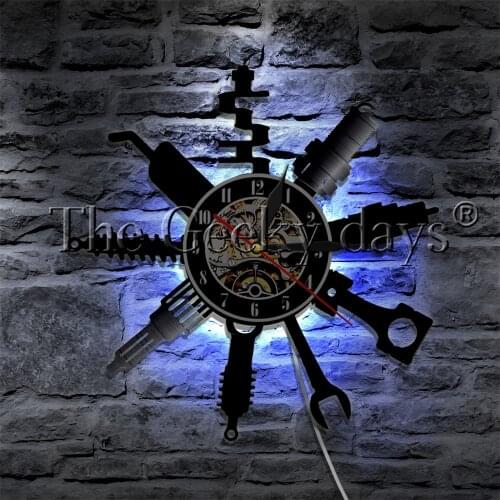 Car Mechanic Service Workshop Vinyl Record Wall Clock Auto Repairing Tools LED Backlight Repair Shop Decorative Wall Lamp