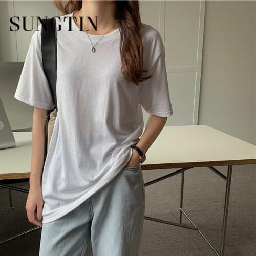 Sungtin Basis Solid Loose T Shirts Women Black Summer Soft Tops Korean Chic Tops for Women Elegant Short Sleeve Female 2021 New