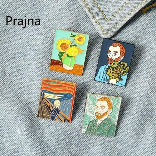 Oil Painting Enamel Pins Retro The Scream Sunflower Van Gogh Brooches Bag Clothes Lapel Pin Badge Art Jewelry Gift for Friends