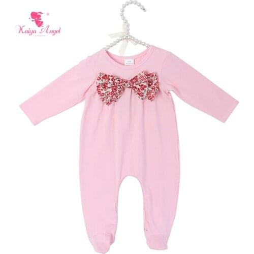 Kaiya Angel Newborn Baby Girl Footies Long Sleeve Spring Autumn Pink Cute Style Bow Covered Button 5pcs/lot Factory Wholesale