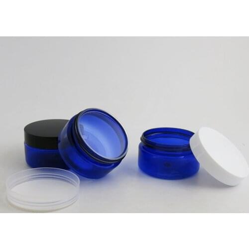 30 x 100g Travel Empty Blue cream jar with Plastic white black clear lids and pet seal 100ml PET Jar Cosmetic Container