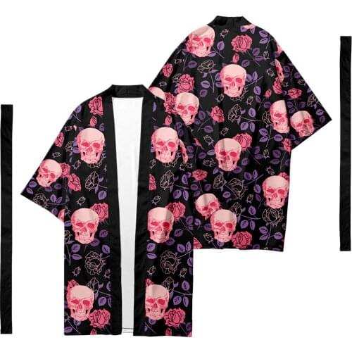 Rose Skull Printed Long Style Kimono Beach Cardigan With Belt Japanese Couple Women Men Casual Asian Clothes Harajuku