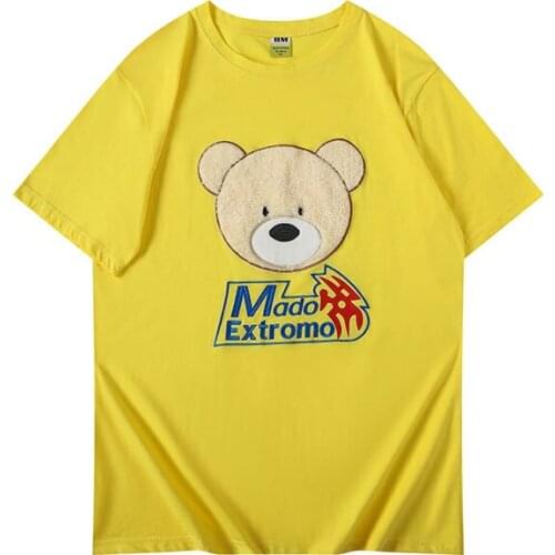 Summer MenS Short-Sleeved Cotton T-Shirt Casual Loose Soft Comfortable Bear Embroidery Cartoon Pattern Couple Traveling Top