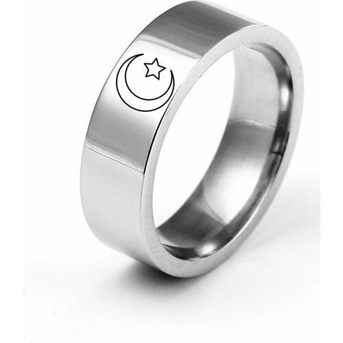 MANGOSKY 6MM Titanium Band Stainless Steel Solid Ring Moon Star Islam Religious Ring for Men and Women