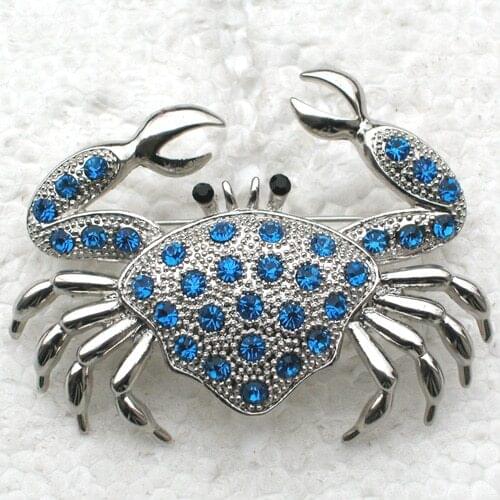 Rhodium plated Fashion Brooch Blue Rhinestone Crab Pin brooches C878 B