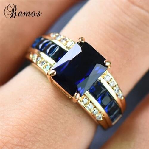 Bamos Fashion Round Finger Ring With Stone Vintage Blue Zircon Ring Yellow Gold Filled Crystal Ring For Women Party Accessories