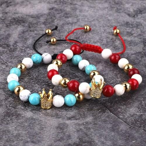 Fashion new design red coral natural stone beads crown charm macrame bracelet for women