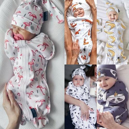 2PCS Soft Baby Swaddle Muslin Blanket Cute Animal Printed Newborn Infant Baby Sleeping Bags Zipper Wrap Swaddling Blanket+Hats