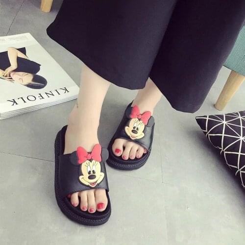 Disney Minnie New Girl Slippers PU Flat Heel Color Blocking Flat Sponge Cake With Solid Color Rubber Outer Wear Slippers