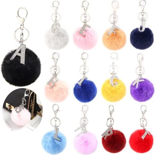 Furling Faux Rabbit Fur Fluffy Pompom Keychains with Crystal Letters Colorful Key Rings Key Holder Soft Ball Bag Accessories