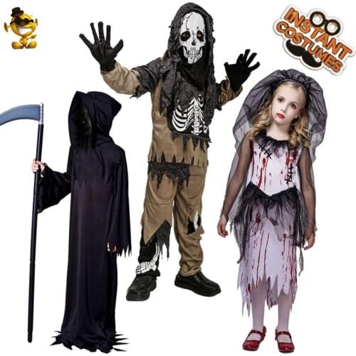 QLQ Kid Halloween Party Grim Reaper Costume For Boys Cosplay Child Scary Ghost Skeleton Clothes Gilrs Bloody Bride Dress
