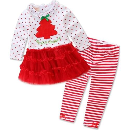 Xmas Dress Set for Children Girls Long Sleeve Cotton Christmas Tree T shirt + Striped Pants Suit Children Girls Christmas Set