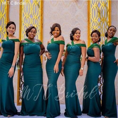 Dark Green Mermaid Long African Bridesmaid Dresses Plus Size Black Girls Wedding Party Dress Wholesale Robe De Soiree