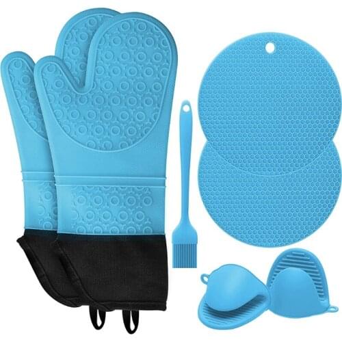 T21D Heat Resistant Silicone Oven Mittens Extra Long Oven Mitts and Pot Holders Set with Mini Oven Gloves Brush and Hot Pads