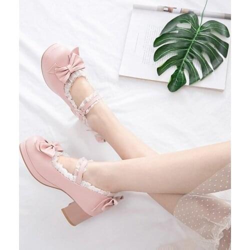 Japanese fairy Bowknot Princess Kawaii Girl Women Shoes Thick Middle Heel Lace Lolita Cosplay Anime Lolita Shoes