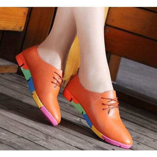 Autumn spring breathable genuine leather flats shoes woman sneakers lace up feminino nurse peas flats shoes plus size women shoe