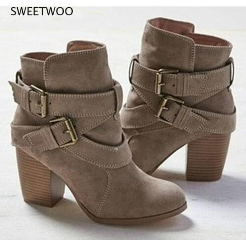 Europe Style Vintage Women High Heels Ankle Boots Buckle Rubber Casual Ladies Shoes Martin Boots Female Chelsea Boots