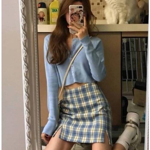 Women Split Plaid Mini Skirt with Under Shorts Mini Skort In Check skirt knitted cardigan sweaters 2 pcs set elegant clothing