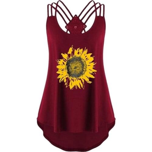 Womens Tops Summer Sunflower Print Sleeveless Bandages Vest Top Strappy Tank Tops Female Camisole Blouse Women Clothing