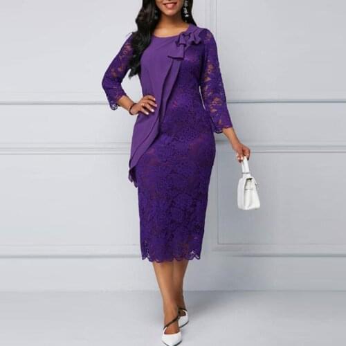 Hot Sale Charming Purple Lace Tea Length Mother of the Bride Dresses Jewel Neck Bow Long Sleeve Wedding Guest Gowns 2020