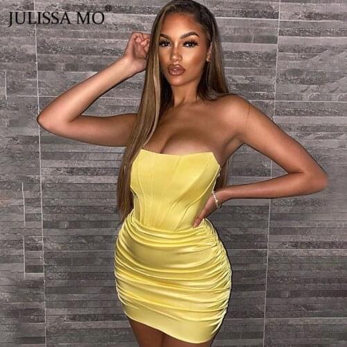 Julissa Mo Off Shoulder Ruched Dress For Women 2021 Spring Sleeveless Strapless Party Dresses Sexy Clubwear Female Vestidos New