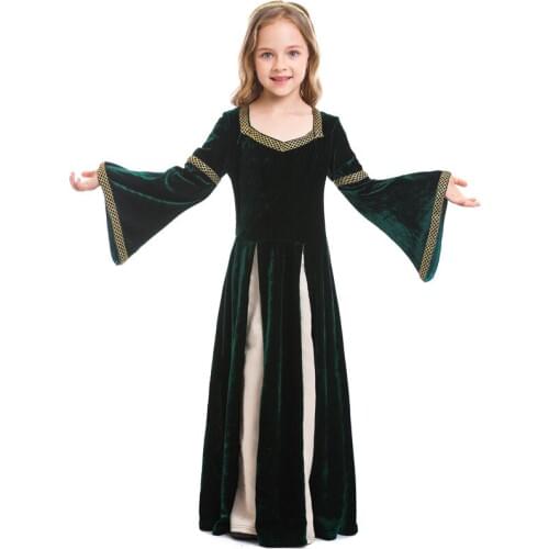 Girls halloween retro Renaissance Medieval Palace girl witch Cosplay Victorian Fancy sexy Dark Green Dress halloween for kids