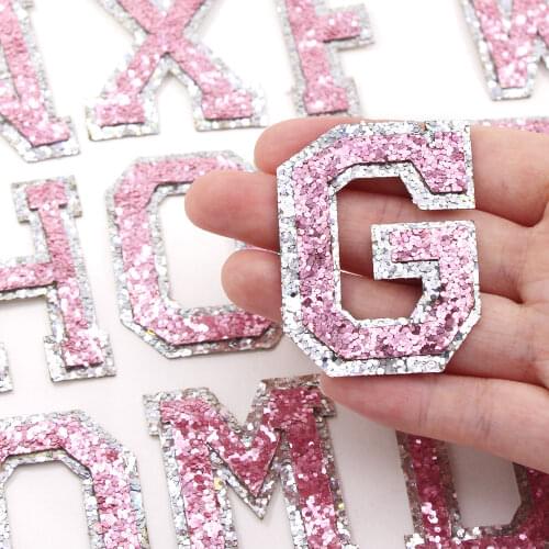 Pink Letter Patch 1Pcs A-Z Glitter English Alphabet Sequins Patch Applique Iron On Clothes DIY Bags Hat Garment Accessories 1Pcs