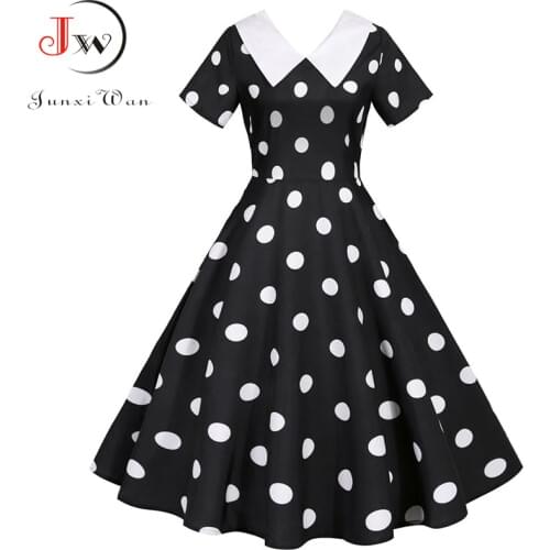 2020 Women Summer Dress Black Polka Dot Short Sleeve Peter pan Collar Casual Elegant Party Vintage Midi Sundress Robe Femme