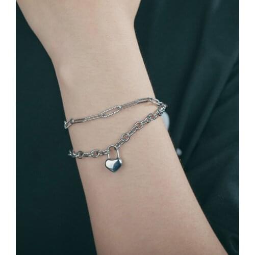 316L Stainless Steel 2021 New Fashion Upscale Jewelry Bohemia 2 Layer Lovers Lock Heart Shape Thick Chain Bracelets For women