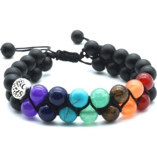 Tree of Life Seven Chakras Double Braided Hand String Bracelet Matted Black Glass Beaded Adjustable Wristband Women Jewelry