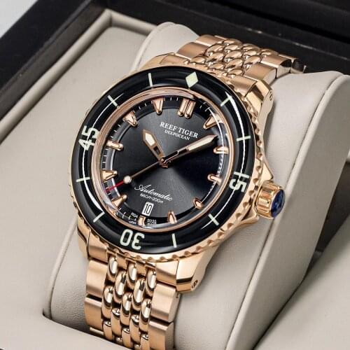 Reef Tiger/RT Rose Black Dial Super Luminous Date Men Watch Men Sapphire Glass Waterproof 200M Automatic Mechanical Watches