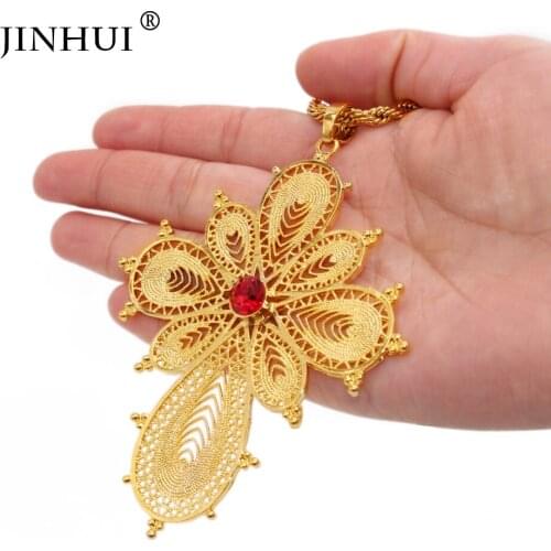 Ethiopia 24K Fashion Women jewelry Gold Color length 60cm chain red stone Pendant Necklace African Wedding gift Dubai luxury
