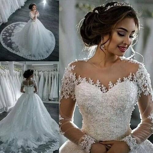 Vestidos De Noiva Elegant A Line Long Sleeve Wedding Dress 2019 Tulle Appliques Beaded Princess Lace Wedding Gowns