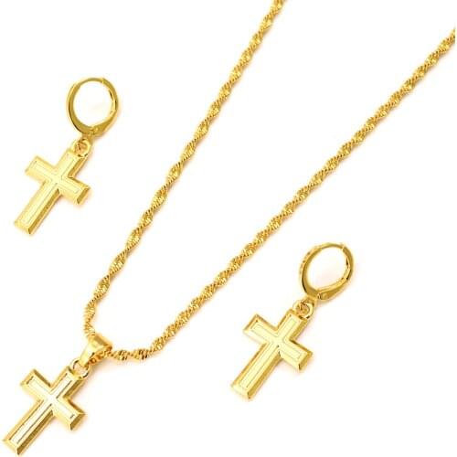 Cross Necklace Earrings Set Gold Color Catholic Religious wedding bridal Jewelry Set Christmas birthday Gift For Women