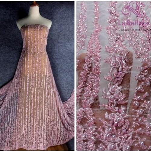 La Belleza 1 yard Pink/ivory/beige/nude colours Super heavy handmde beaded bridal lace fabric