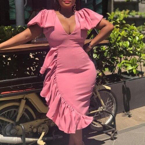 Summer 2021 African Sexy Plus Size Dress Women Party Fashion V Neck Solid Pink Red Simple Ruffle Bodycon Dresses Oversized 3XL