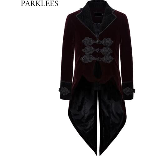 Retro Palace men Long Jacket Gothic Steampunk men Tailcoat Embroidery Lapel Tether Mens Swallowtail Stage Performance Men Tuxedo